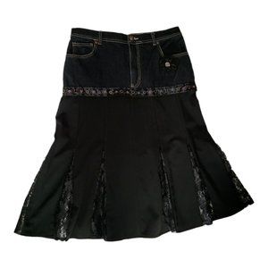 Upcycled Midi Skirt Size 10 Black Lace Panel Embellished Flower Hippie